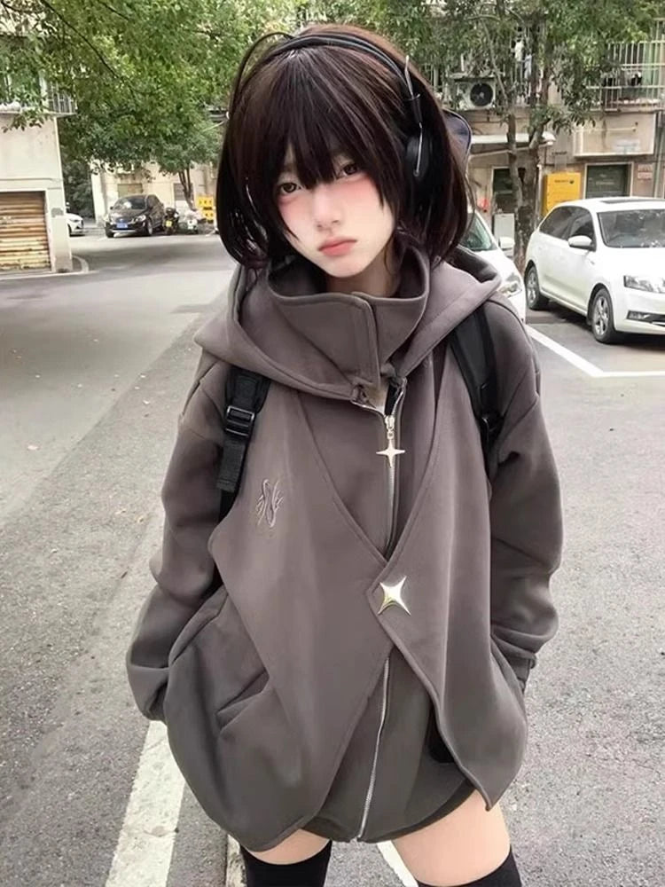 Fake Two Pieces Vintage Loose Zipper Sweatshirts Women Casual Streetwear Grunge Coats Y2k Aesthetic Oversized Stand Neck Hoodies