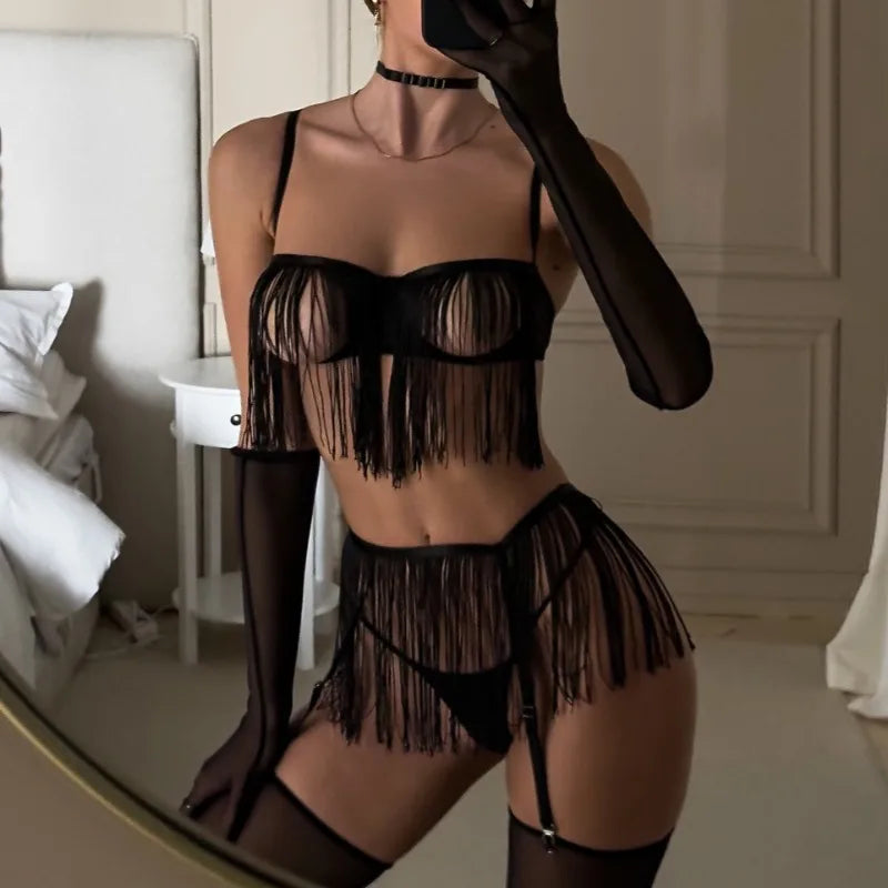Toucheart Sexy Lingerie for Women Solid Color Tassel Patchwork Mesh See-through 5-piece Set Garters Women's Underwear Halter Bra