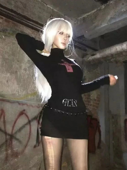 Y2k Aesthetic Turtleneck Mini Dress Women Gothic Cross Letter Print Vintage Sexy Grunge Dresses Streetwear Slim Harajuku Vestido