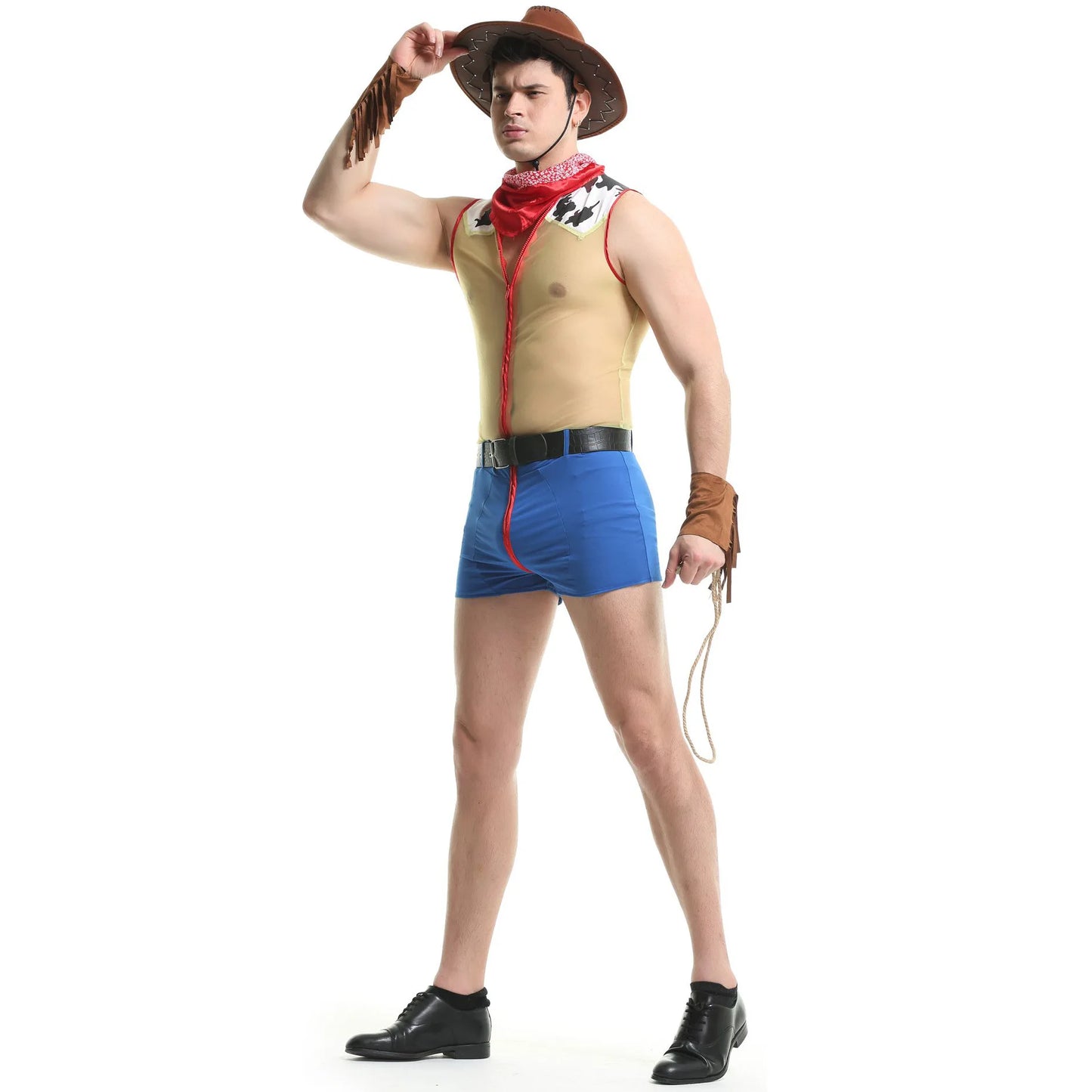 Sexy Men Mesh Western Cowboy Cosplay Sissy Lingerie Set Gay Bar Dance Perform Role Play Clubwear Halloween Carnival Party Outfit