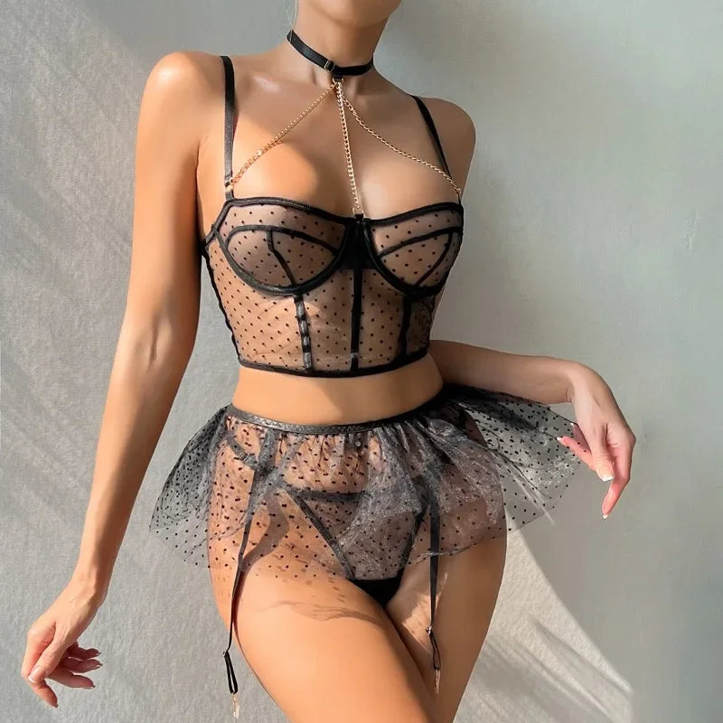 Toucheart Sexy Female Hot Suspender Three-point Underwear Set Lace Mesh Sexy Lingerie Lingerie for Women Sexy Bodysuit Lingerie