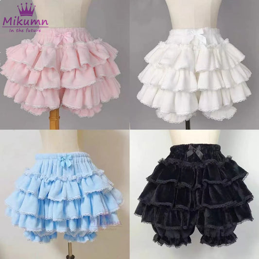 Harajuku Y2k Sweet Pink White Pumpkin Pants Lolita Autumn Winter JK Plush Shorts Japanese Kawaii Ruffles Lantern Shorts