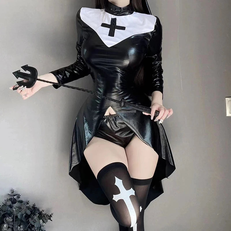 Sexy Gothic Latex Nun Costume Halloween Black PU Leather Sister Role Play Outfit High Split Cross Dress Club Party Women Cosplay