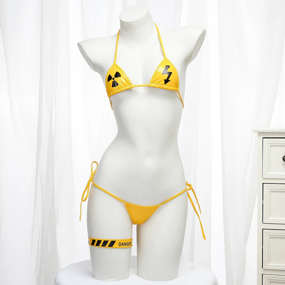 Danger Caution Print Swimsuit Low Waist Bikinis Sets