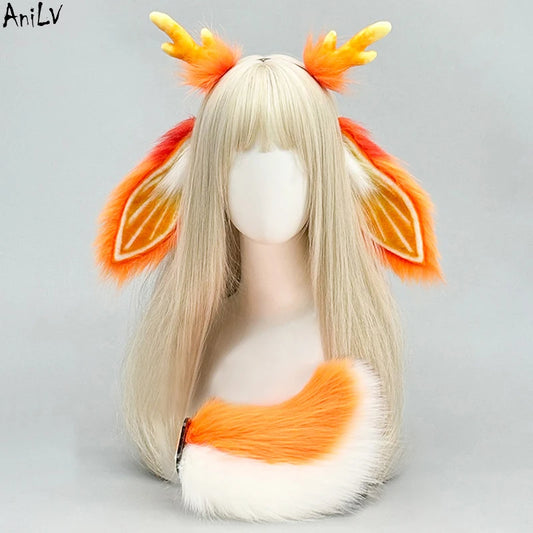 AniLV Mythical Animal Beast Furry Ear Headband Tail Forest Deer Fursuit Orange Headwear Cosplay