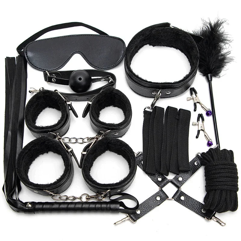 BDSM Kits Sexy Leather Plush Sex Bondage Set Handcuffs Sex Games Whip Gag Nipple Clamps Sex Toys For Couples Exotic Accessories