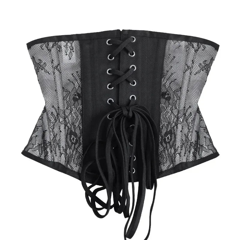 Waist Trainer Corset Top Plus Size Spiral Steel Boned Gothic Women Sexy Lace Mesh Body Shaper Underbust Bustier Black