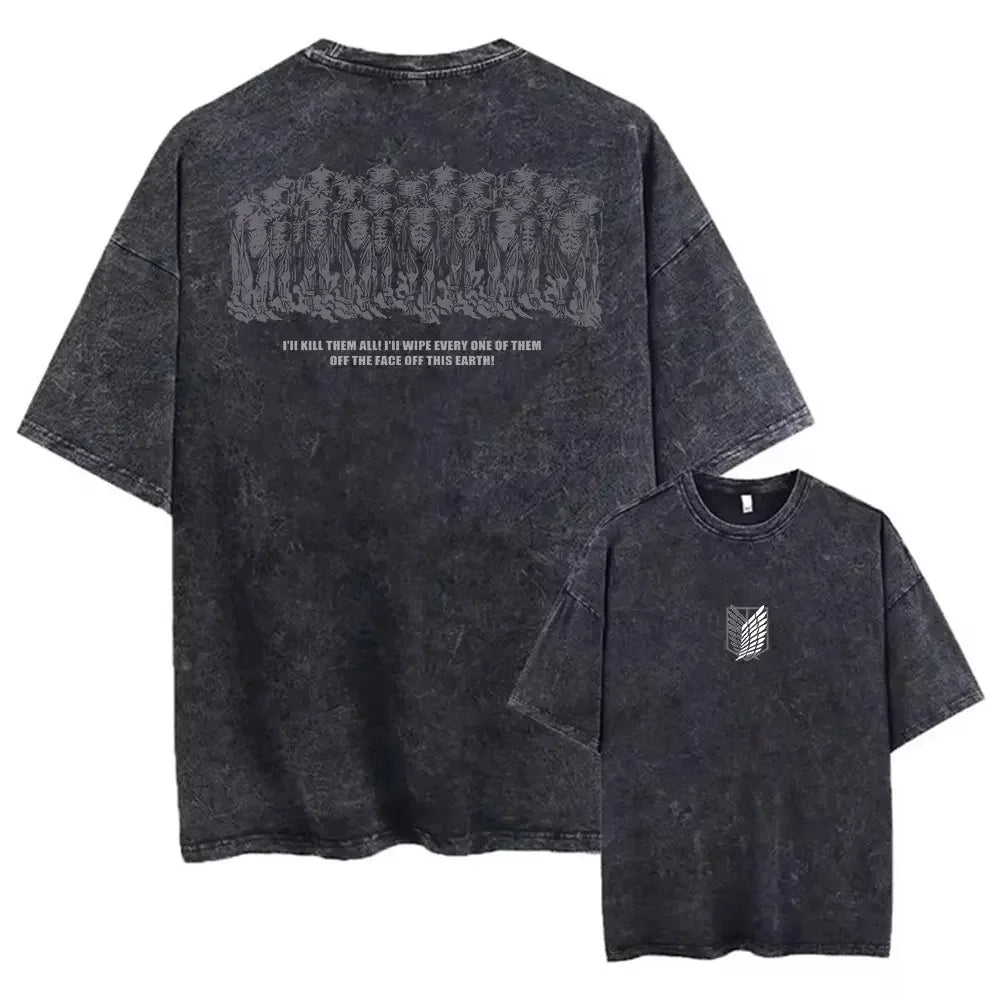 Anime Attack On Titan Washed Tshirts Hip Hop Retro Punk Gothic Cotton Vintage T-Shirt Harajuku Casual Men Short Sleeve Top Tee