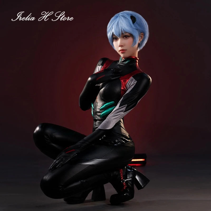 in stock Irelia H Anime Ayanami Rei Cosplay Costume Ayanami Rei PU Black Jumpsuit Halloween Costume