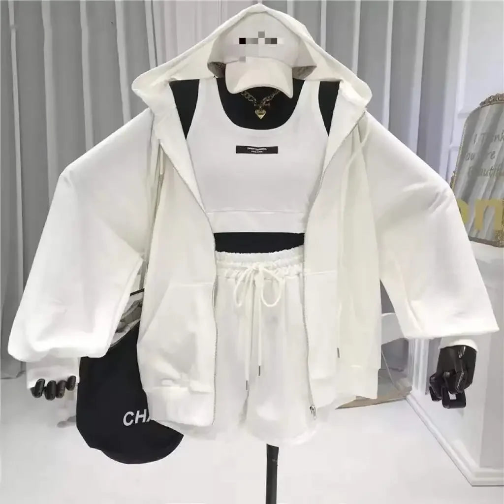 Shorts Three 3 Piece Sets Women Casual Vest Drawstring Short Hooded Zipper Jacket Sportswear Suits Y2k Streetwear Sports Hoodies