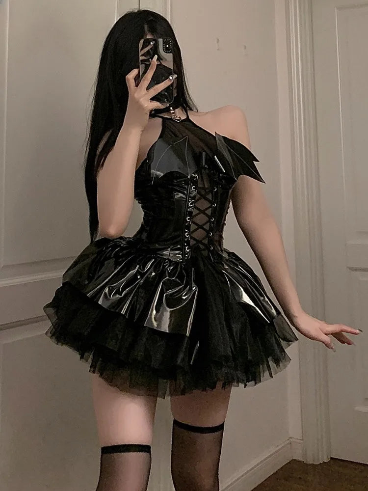 Sexy Demon Costumes Witch Lingerie Women Halloween Cosplay Devil Bandage Mini Skirt Erotic Female Leather See Through Underwear