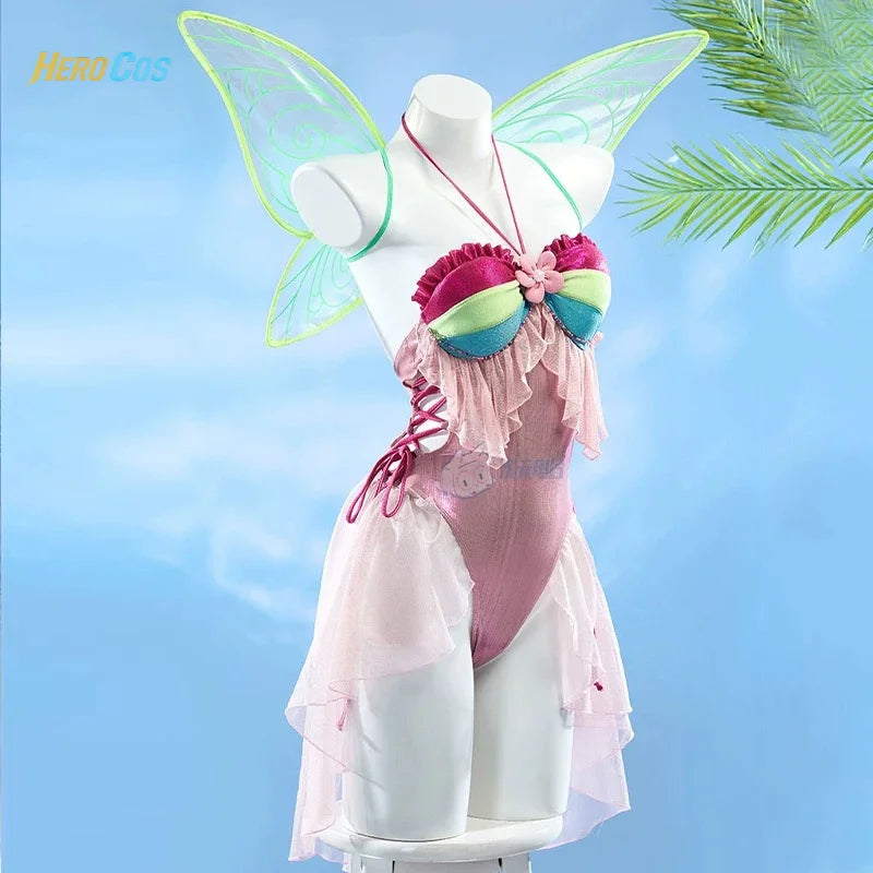Anime Winx Club Cosplay Flora Costume Summer Piece Swimsuit with Wing Halloween Carnival Party Christmas Play Role Clothes