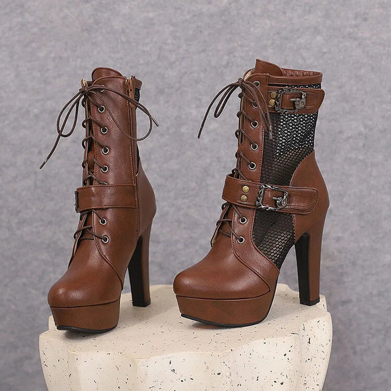 2025 New Lace-up Mesh Summer Boots Women Sexy High Heels Platform Sandals Large Size Women's Custom Boots Female Shoes WSH5054