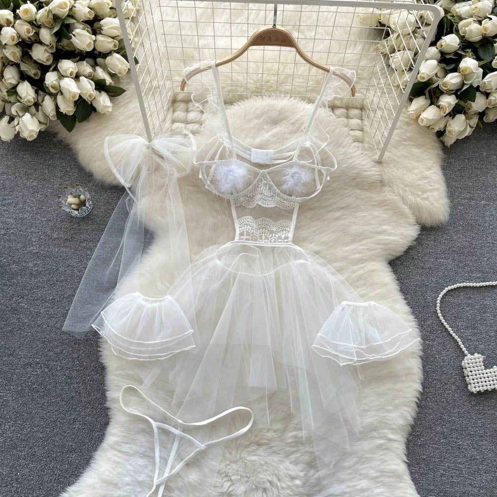 Toucheart Preppy Style Sexy Uniform Sets Women Sexy Uniform Suit Sheer Top+Lace Up Mini Skirt+Thongs Hollow Cosplay Porn Suits