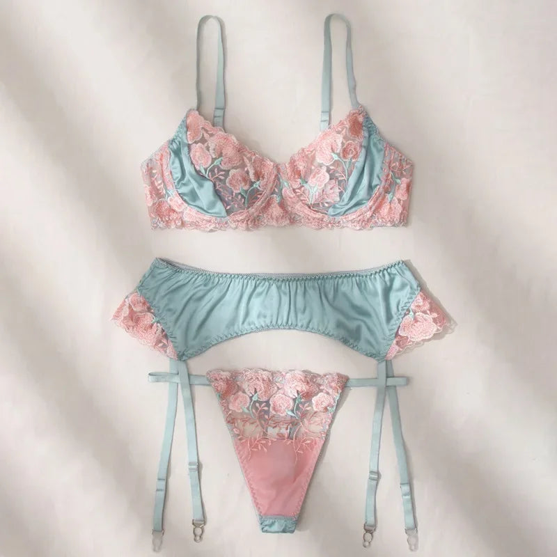 Ashburn Sexy Embroidery Underwear Set For Women Lace Flowers Patchwork Mesh See-through Sexy Garters 3 Piece Underwear Set New