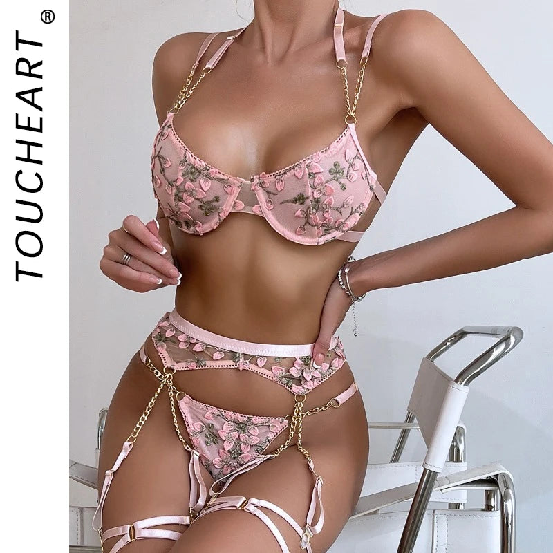 Laced Bra Lingerie Sexy Floral Embroidery Underwear Transparent Fairy Set Woman 2-Piece Boho Bra + Panty Underwear Set Intimates