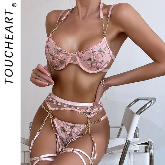 Laced Bra Lingerie Sexy Floral Embroidery Underwear Transparent Fairy Set Woman 2-Piece Boho Bra + Panty Underwear Set Intimates