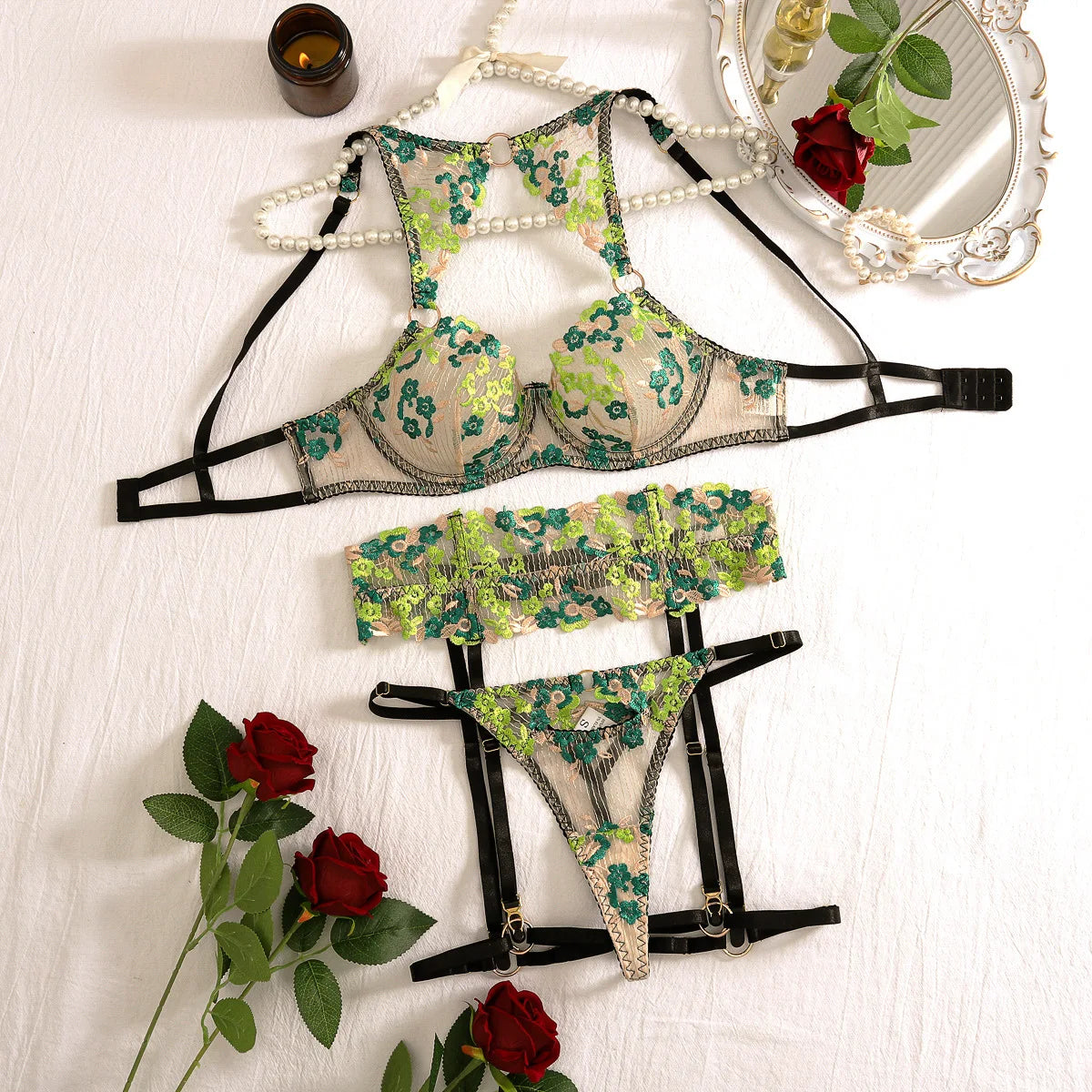 Toucheart Sexy Floral Lingerie Set for Women Mesh Patchwork Embroidery Women's Underwear Suit Sexy Garters Underwear 4-piece Set