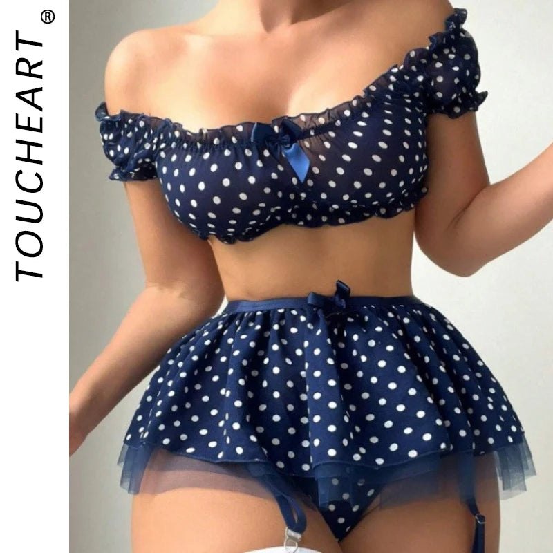 Toucheart Sexy Lingerie Suit For Women Bow Knot Mesh Patchwork Polka Dot Off-shoulder Polka Skirt Sexy Exposed Navel Underwear