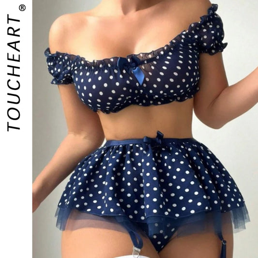 Toucheart Sexy Lingerie Suit For Women Bow Knot Mesh Patchwork Polka Dot Off-shoulder Polka Skirt Sexy Exposed Navel Underwear