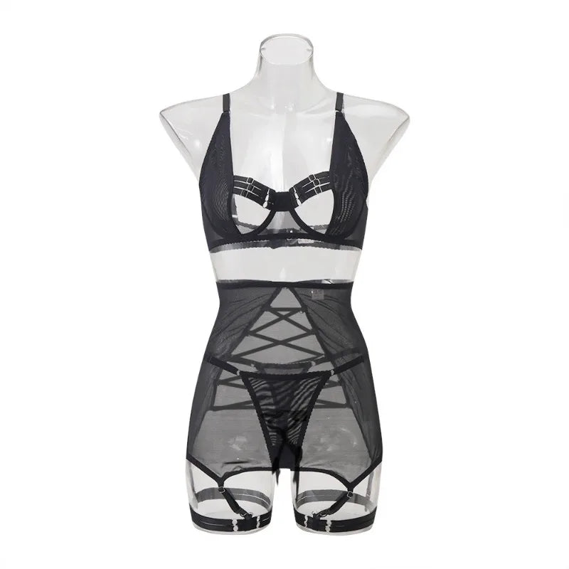 Toucheart Sexy Interesting Underwear Set For Women Lace Up Hollow Out Mesh See-through Solid Color Garters Sexy Lingerie Set New