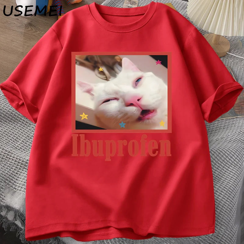 Ibuprofen Cat Meme Tshirt Funny Cat Graphic Tee Cute Cat Lover Cotton T-Shirt Casual Funny T Shirts Unisex Oversized Tshirt Tee