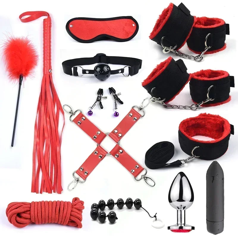 ASHBURN Bdsm 10 Speeds Vibrator Bondage Set Metal Sex Toys for Women Men Handcuffs Sex Nipple Clamps Whip Spanking Rope