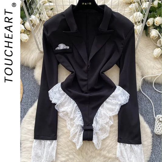 Toucheart Sexy Lingerie Onesie for Women Deep V-neck Lace Patchwork Long-sleeved Jumpsuit Sexy Contrast Color Underwear Suit New