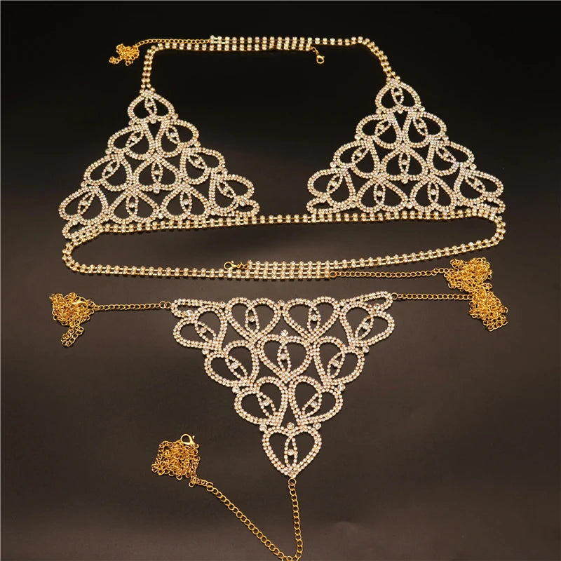Fashion Sexy Rhinestone Heart Body Chain Harness for Women Luxury Lingerie Bling Bikini Bra and Thong Set Jewelry