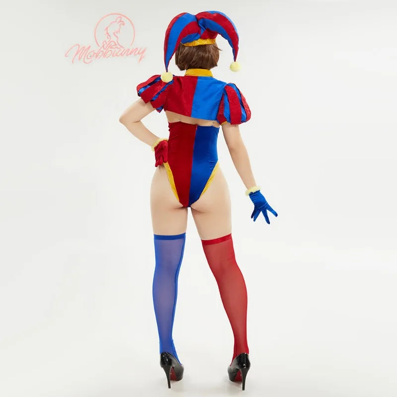 MOBBUNNY Halloween Clown Cosplay Costume Women's Lingerie Set Blue Red Bodysuit and Mini Skirt with Gloves and Hat clown