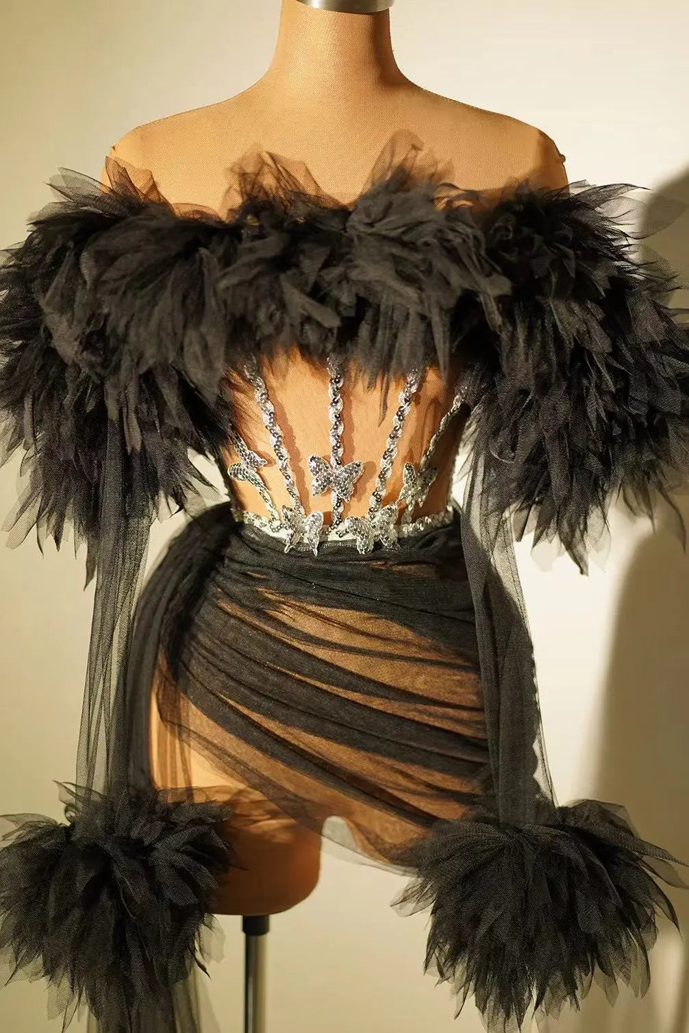 ASHBURN™ PLUME AFFAIR: Multi-Color Feathered Corset Gown with Side Drape