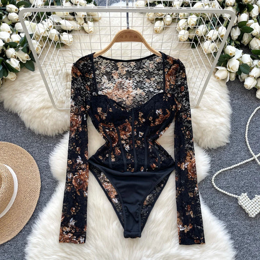 Women Sexy Lace Bodysuit Chic Square Neck Jumpsuits Summer Beach Vacation Slim Rompers Clothing