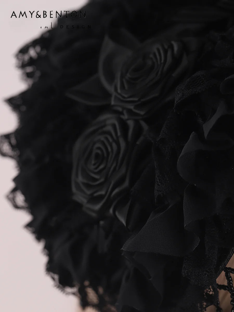 Original Handmade Gothic Dark Cosplay Lolita Hat Subculture Punk Style Black Pearl Fringed Lace Rose Hats Halloween Hat Women