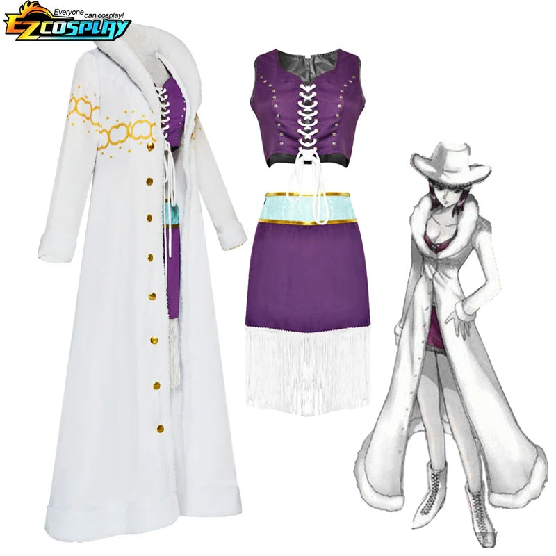 Nico Robin Cosplay Costume Anime One Piece Purple Dress Uniform Long Fur White Cloak Punk Outfit Halloween for Adult