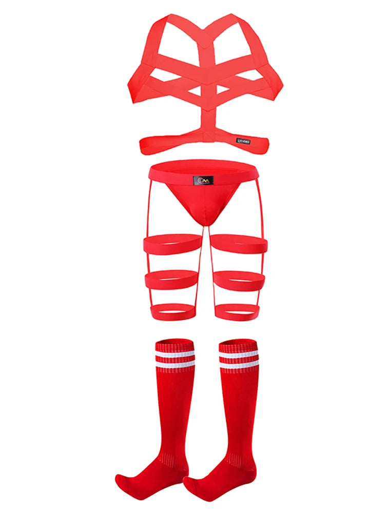 CLEVER-MENMOD Men Sexy Porn Halterneck Chest Briefs Stockings Set Jockstrap BDSM Harness Lingerie Exotic Sissy 18+ Adult Costume