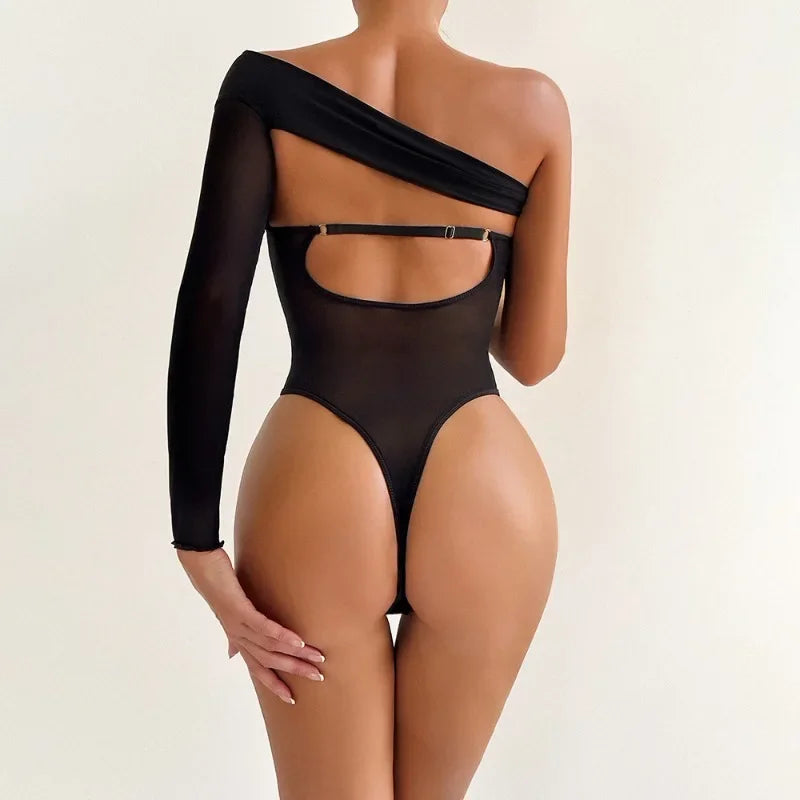 Toucheart Sexy Lingerie One-shoulder Sleeve Body Shaping Jumpsuit Women Push-up Chest Cotton Splicing Mesh Perspective Underwear