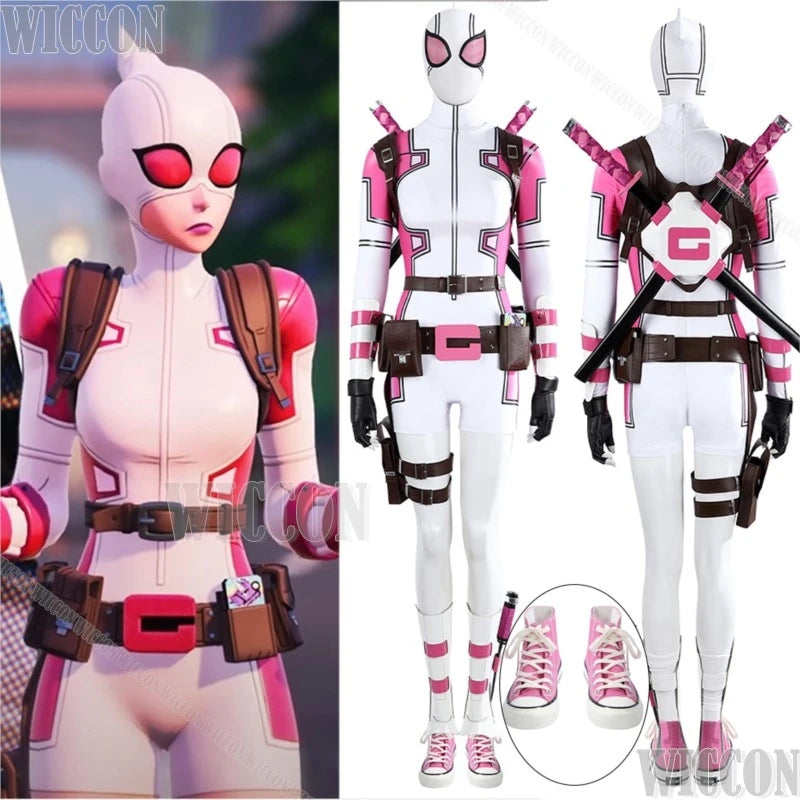 Gwen Poole Pool Anime Game Forttnnitte Pink Ghost Cosplay Costume Pink Jumpsuit Shoes Women Girl Holloween Roleplay Customized