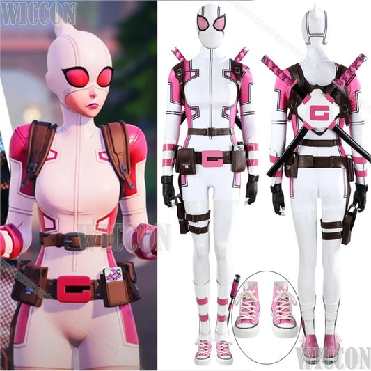 Gwen Poole Pool Anime Game Forttnnitte Pink Ghost Cosplay Costume Pink Jumpsuit Shoes Women Girl Holloween Roleplay Customized