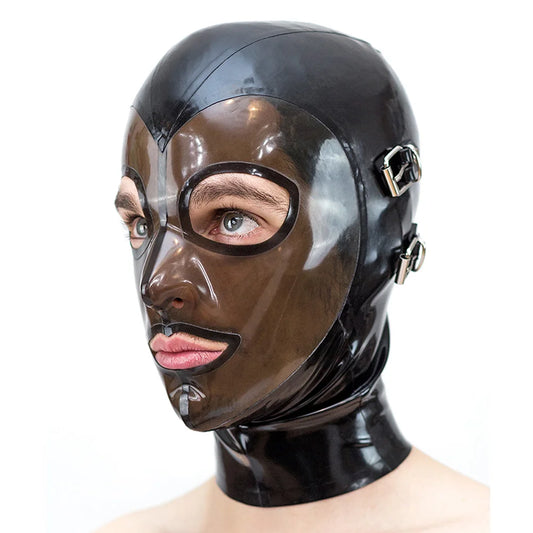 Latex Mask Rubber Hood Cosplay Headgear with Detachable Blindfold and Mouthfold Back Zip Handmade S-LM314