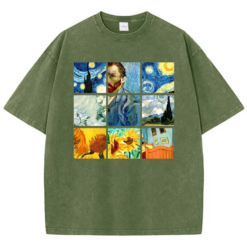 Cotton Woman Washed T-Shirts Van Gogh'S Starry Night And Sunflowers Prints Tops Distressed Oversized Tees Casual Female Clothes