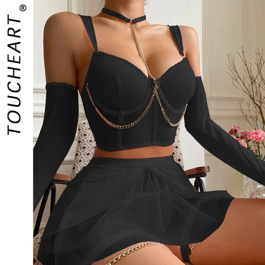 Toucheart Sexy Chain Lingerie Set for Women Solid Color Halter Women's Underwear Suit Sexy Garters Mesh Lingerie Skirt Set New