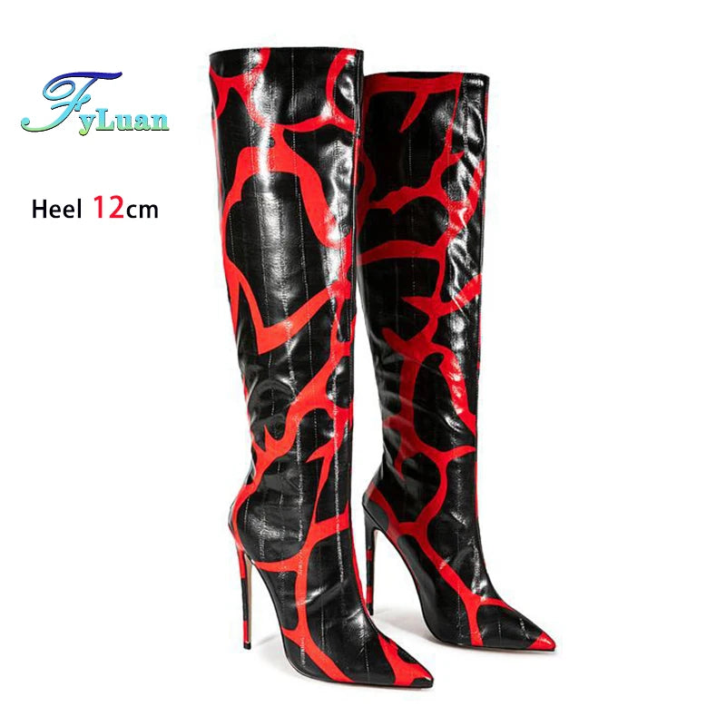 Fashion Print European and American Large Size Boots For Women 12CM High Heels Sexy Pointed Knee-High Boots Spring Autumn Shoes