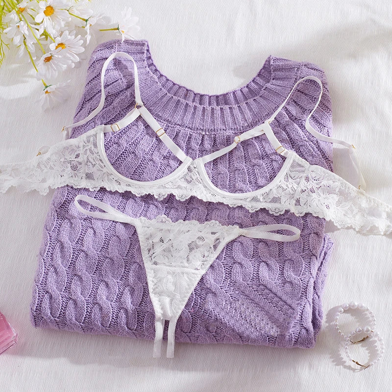 Toucheart 2 Piece Set Sexy Interesting Underwear Set for Women Solid Color Lace Mesh See-through Bra Exotic Sexy Lingerie Set
