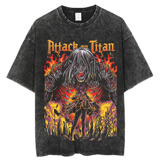 Anime Attack on Titan Tshirts Vintage Washed T Shirt Harajuku Oversize Cotton Tee Cotton Fashion Streetwear Unisex Top