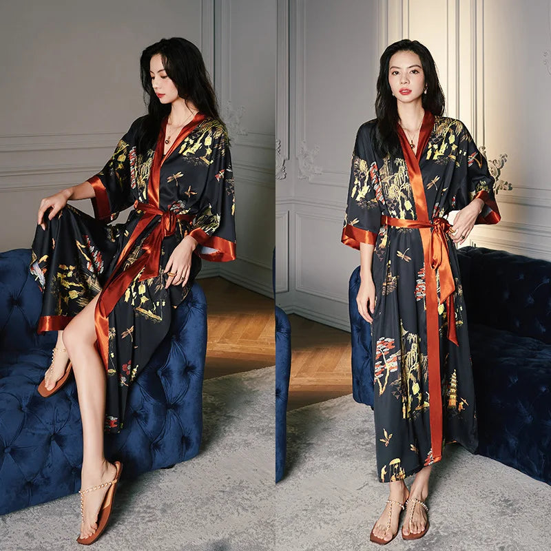 Satin Pajamas Womens Robe for Summer Plus Size Luxury Design Fashion Printing Silk Cool Long Style Bathrobe Womens Long Robes