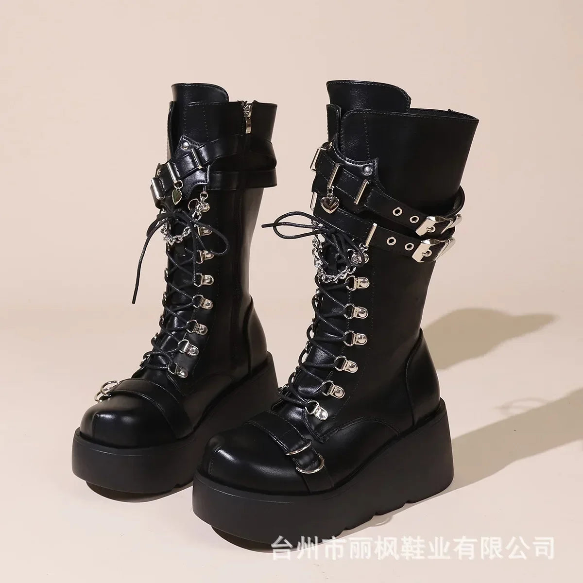 Platform Boots Riveted Buckle High Women's Boots Punk Spice Chic Biker Rider Boots