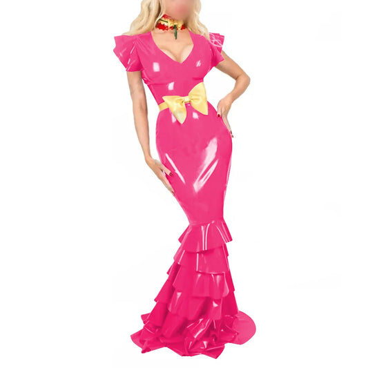 Plus Size Sexy V Neck Hobble Dress Vestido PVC Leather Short Sleeve Slim Ruffled Design Bodycon Maxi Dress Banquet Venue Gown