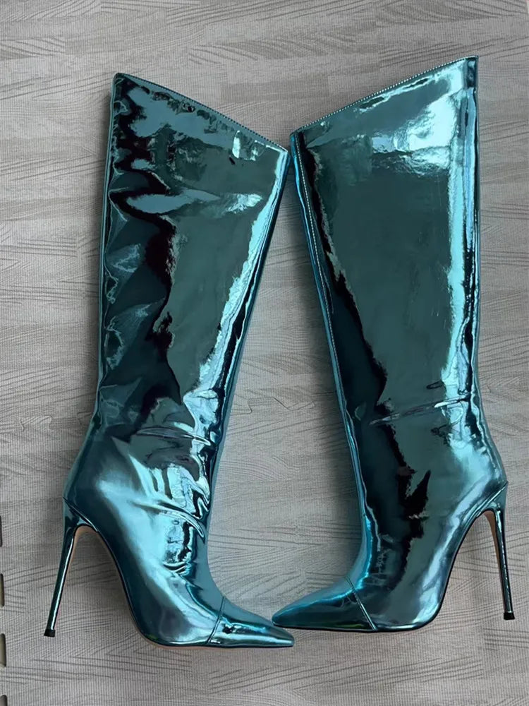 Knee High Boots Candy Colors Mirror Leather Women Knee High Boots High Heels Stilettos Runway Shoes for Women High Heel Boots