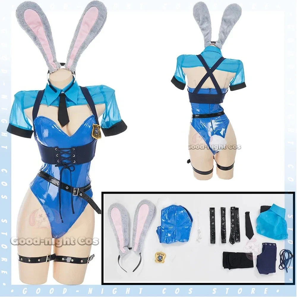 Anime Judy Cosplay Bunny Girl Costume Sexy Catsuit movie role Play  Girls PU Leather Uniform Ear headdress Halloween party