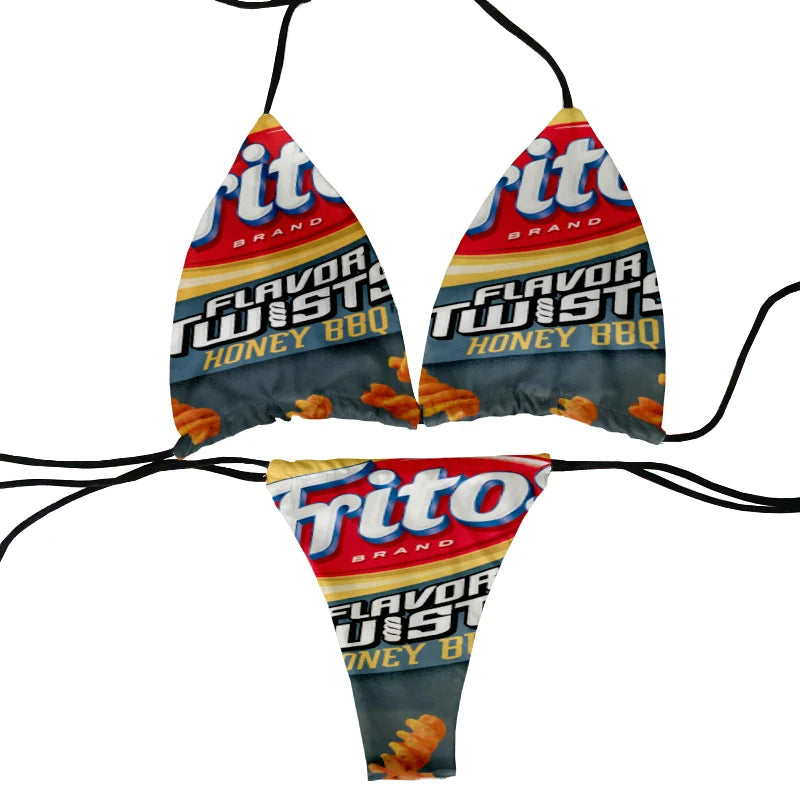Funny food and potato chip print summer swimsuit women sexy bikini panties thong G-string swimming trunks beachwear